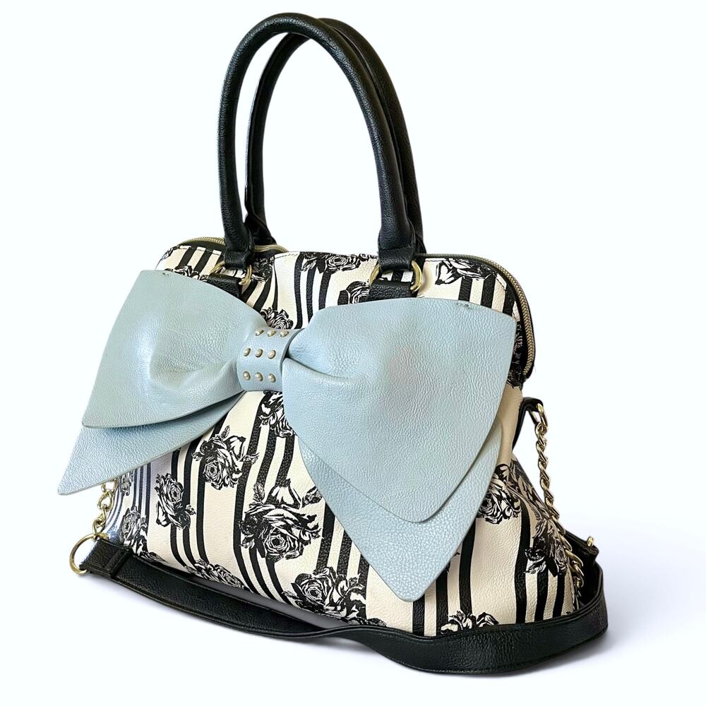 Betsey Johnson Blue Bow Faux Leather Floral Stripe Dome Satchel Bag Handbag FLAW - Picture 11 of 13